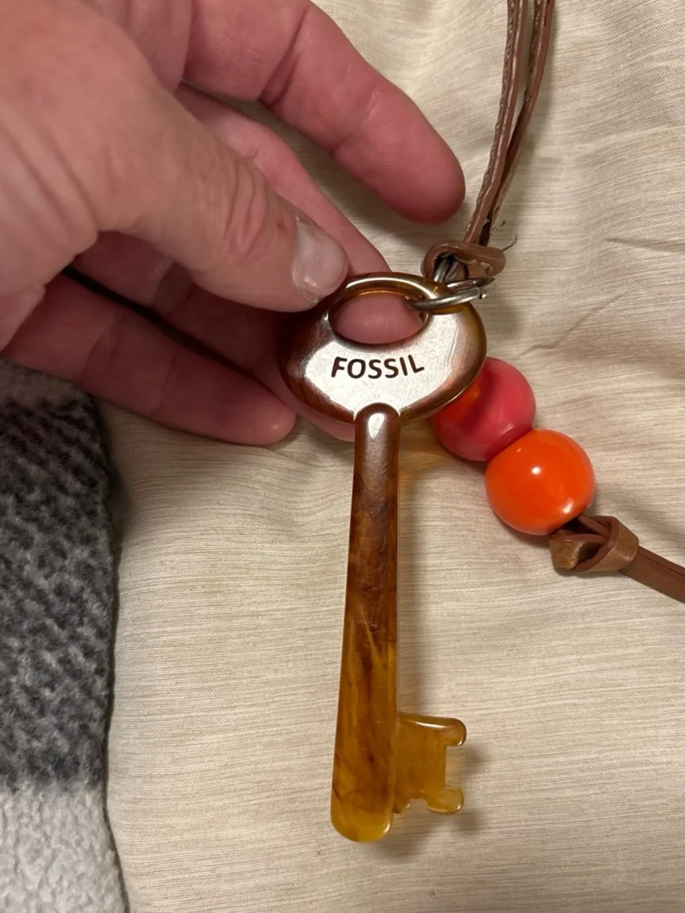 Fossil Brown Leather Bag Charm with Key and Beads